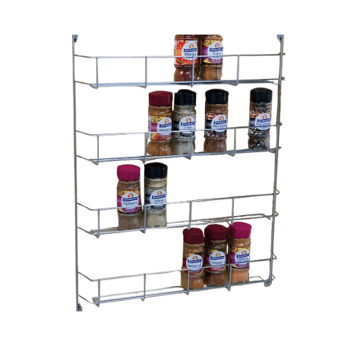 4-tier chrome wire spice rack mounted on a cupboard door holding various spice jars