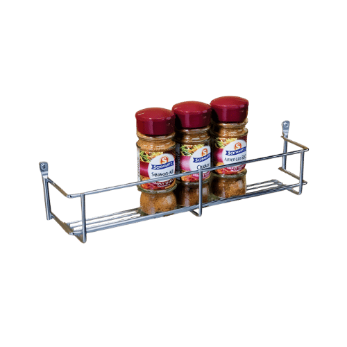 400mm wide single tier chrome spice rack mounted on cupboard door holding three spice jars