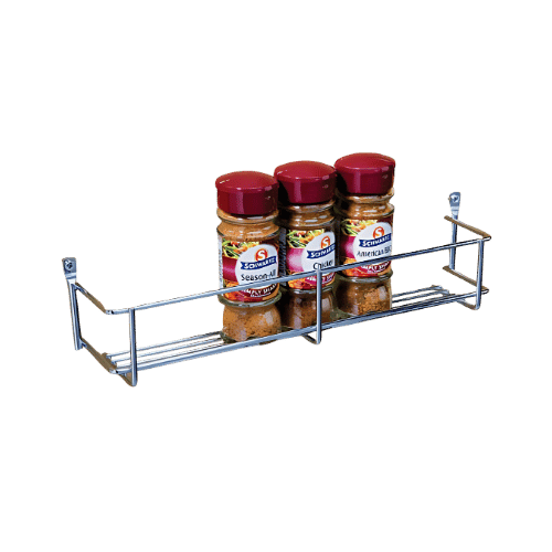 Single tier chrome spice rack mounted on cupboard door, holding three spice jars – 300mm wide