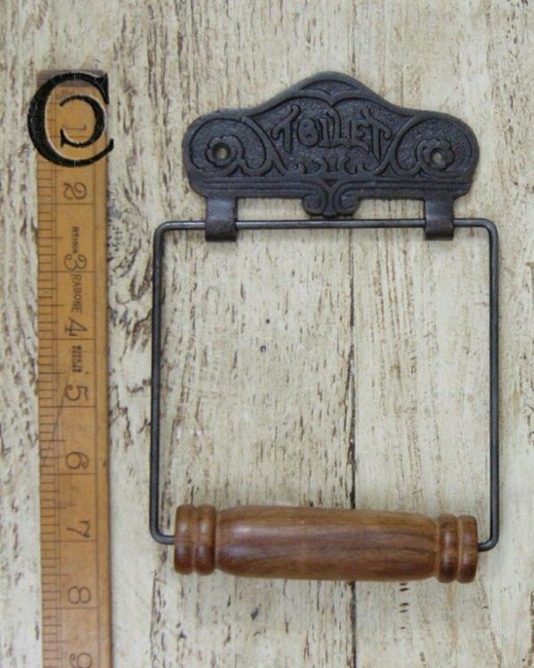 ANTIQUE IRON TOILET ROLL HOLDER IN WIRE AND WOOD