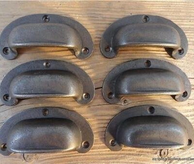 SET OF 6 ANTIQUE STYLE CABINET DRAWER HANDLE CAST IRON PULL CUP