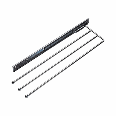 Three-arm wall-mounted chrome towel rail with polished steel finish, space-saving bathroom storage