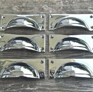 SET OF 6 ART DECO CHROME ON BRASS CUP DOOR DRAWER HANDLES