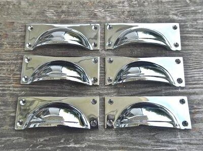 SET OF 6 ART DECO CHROME ON BRASS CUP DOOR DRAWER HANDLES