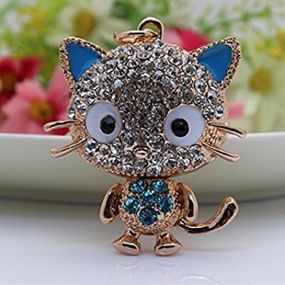 BLUE/SILVER/GOLD CRYSTAL FINISH CUTE CAT KEYRING
