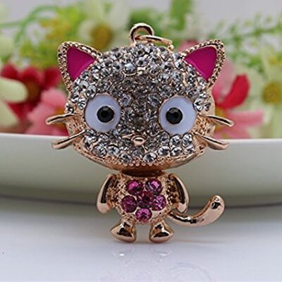 PINK/SILVER/GOLD CRYSTAL FINISH CUTE CAT KEYRING