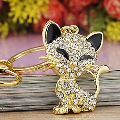 GOLD FINISH CRYSTAL CAT KEYCHAIN