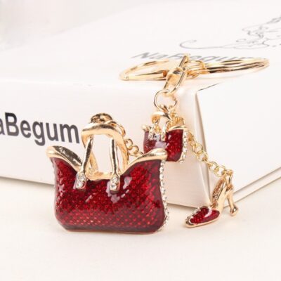 CRYSTAL CLARET RED BAG AND SHOE KEYRING
