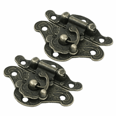 Two antique-style bronze cabinet latches with vintage scroll design – ideal for crafts and furniture restoration