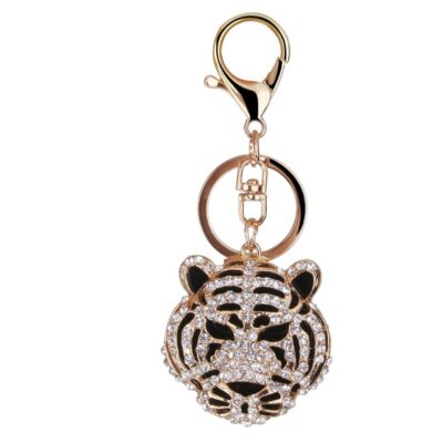 RHINESTONE TIGER HEAD KEYRING GOLD FINISH