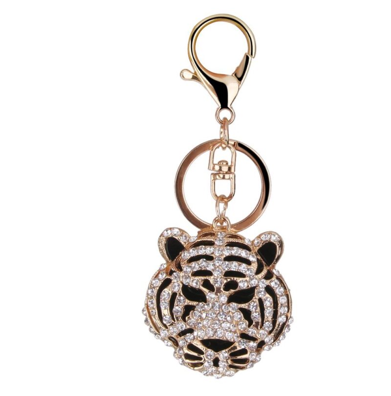 RHINESTONE TIGER HEAD KEYRING GOLD FINISH