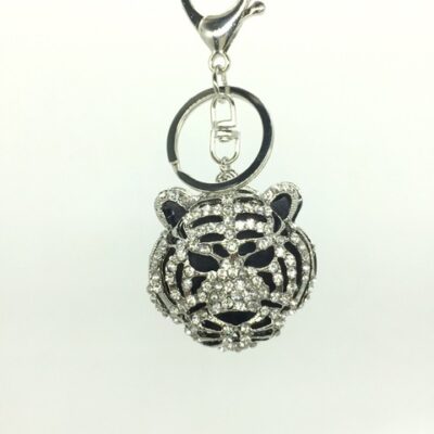 RHINESTONE TIGER HEAD KEYRING SILVER FINISH