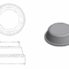 Dimensional drawing and rendered view of a 14mm domed adhesive rubber bumper pad made from black polyurethane