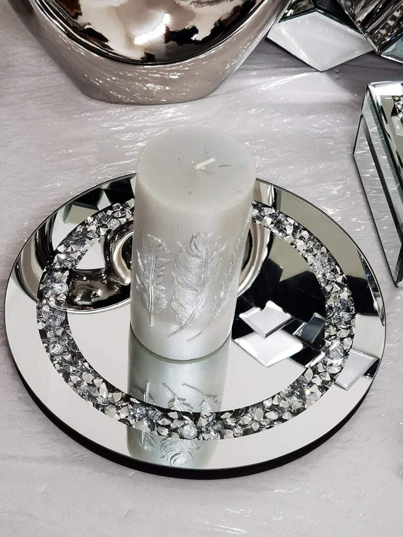20cm Round Diamante Mirrored Crystal Candle Plate