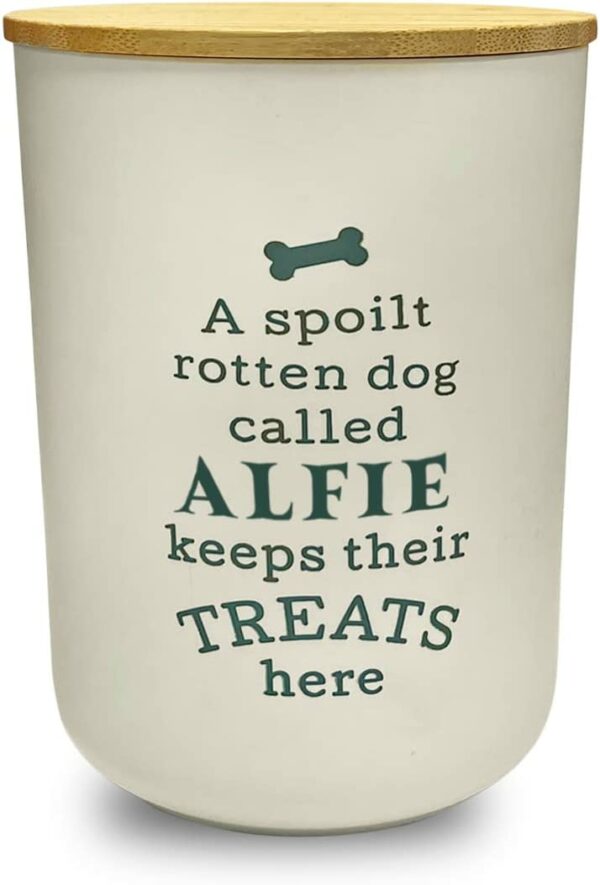 Personalised Dog Treat Jar A spoilt Rotten Dog called - Alfie…