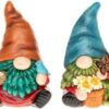 Pair of Colourful Garden Gnome Gonks – Decorative Sitting Ornaments with Flowers, Nest, and Butterfly