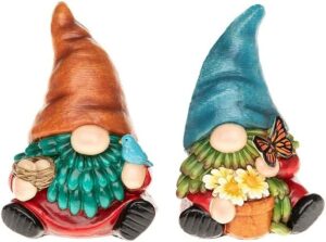 Pair of Colourful Garden Gnome Gonks – Decorative Sitting Ornaments with Flowers, Nest, and Butterfly