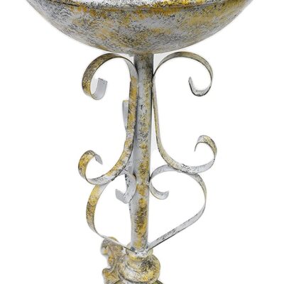 Freestanding Metal Ornate Garden Bird Bath Grey and Yellow Distressed Tones