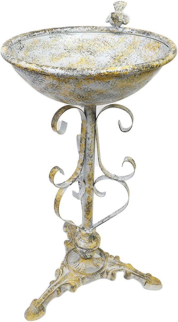 Freestanding Metal Ornate Garden Bird Bath Grey and Yellow Distressed Tones