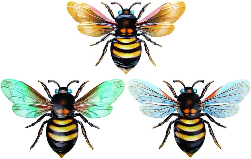 Rustic Metal Garden Bee Wall Ornaments – Set of 3 Hanging Decorations