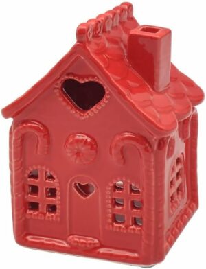 Red Ceramic House-Shaped Tea Light Holder with Heart Cutout – Christmas Décor