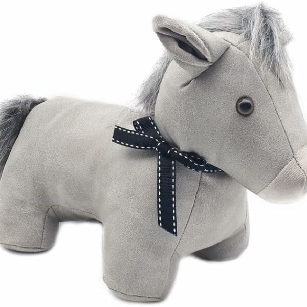 Grey Pony Door Stop with Faux Leather Finish and Soft Fabric Mane
