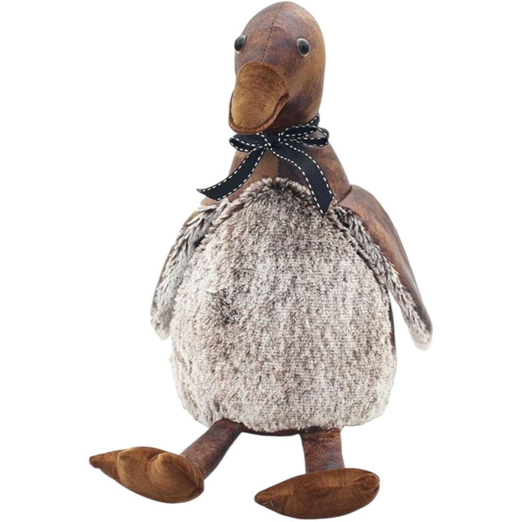Brown Faux Leather Duck Door Stop with Soft Tweed Body