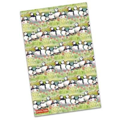 Emma Ball Puffins & Sea Thrift Tea Towel – Coastal Cotton Kitchen Gift