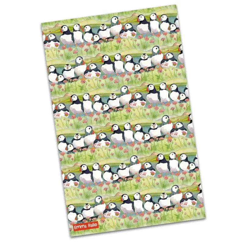 Emma Ball Puffins & Sea Thrift Tea Towel – Coastal Cotton Kitchen Gift