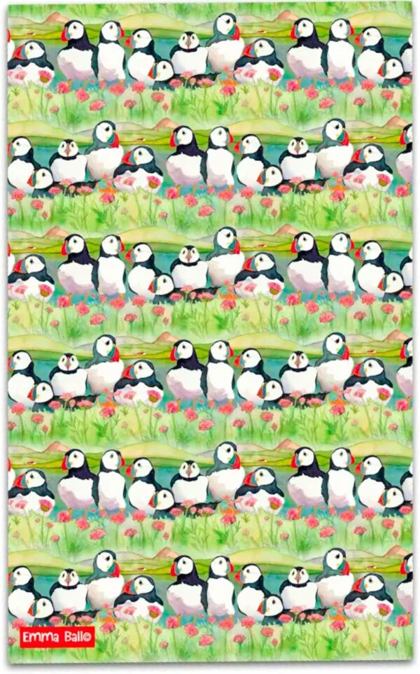 Puffins and Sea Thrift Tea Towel by Emma Ball