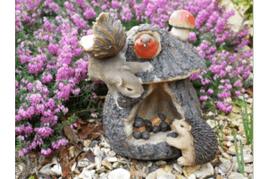 Garden Ornament with Hedgehog, Squirrel, and Robin on Log House – Woodland Animal Decor