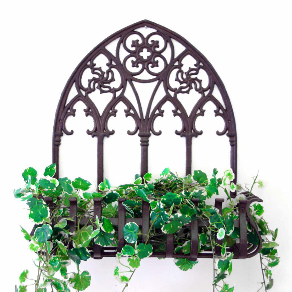 Ornate Arched Bronze Cast Iron Wall Planter with Gothic Design