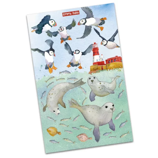 Emma Ball Swimming Seals and Puffins Tea Towel with Coastal Wildlife Illustration