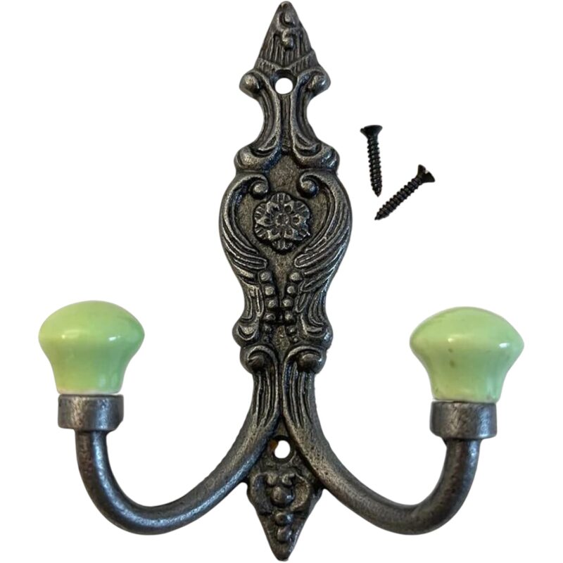Cast Iron French Style Ceramic Double Ornate Hat & Coat Hook – Lime Green Ball Top