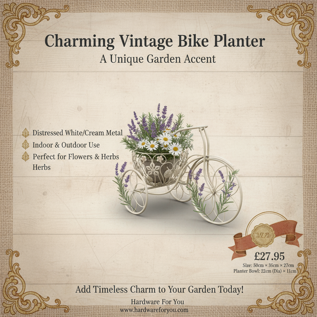 Vintage Tricycle Style Bike Planter – Distressed Cream Metal Garden Flower Holder - Image 2