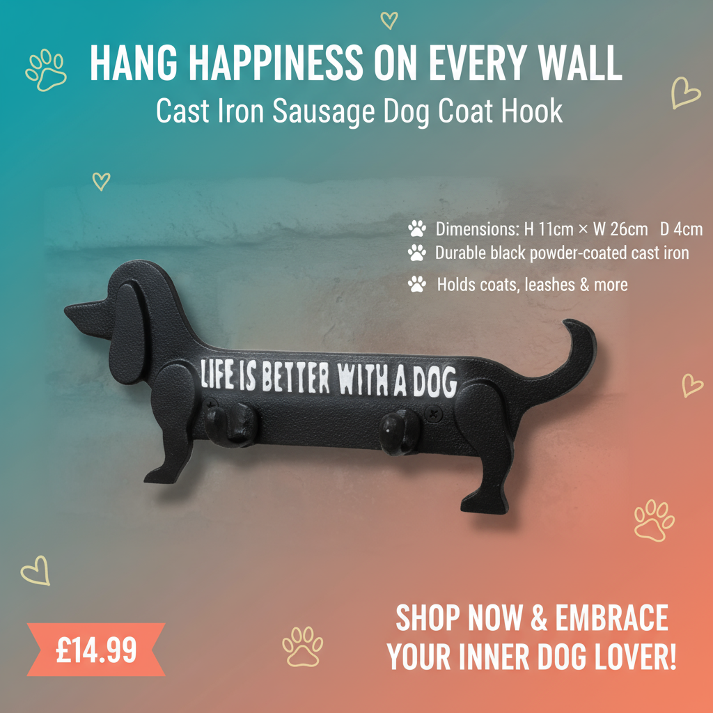 Cast Iron Sausage Dog Coat Hook – “Life Is Better With A Dog” | 2-Hook Wall Hanger for Coats, Hats & Leads - Image 4