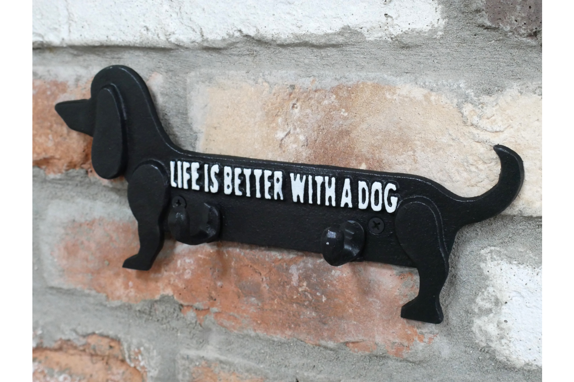 Cast Iron Sausage Dog Coat Hook – “Life Is Better With A Dog” | 2-Hook Wall Hanger for Coats, Hats & Leads - Image 3