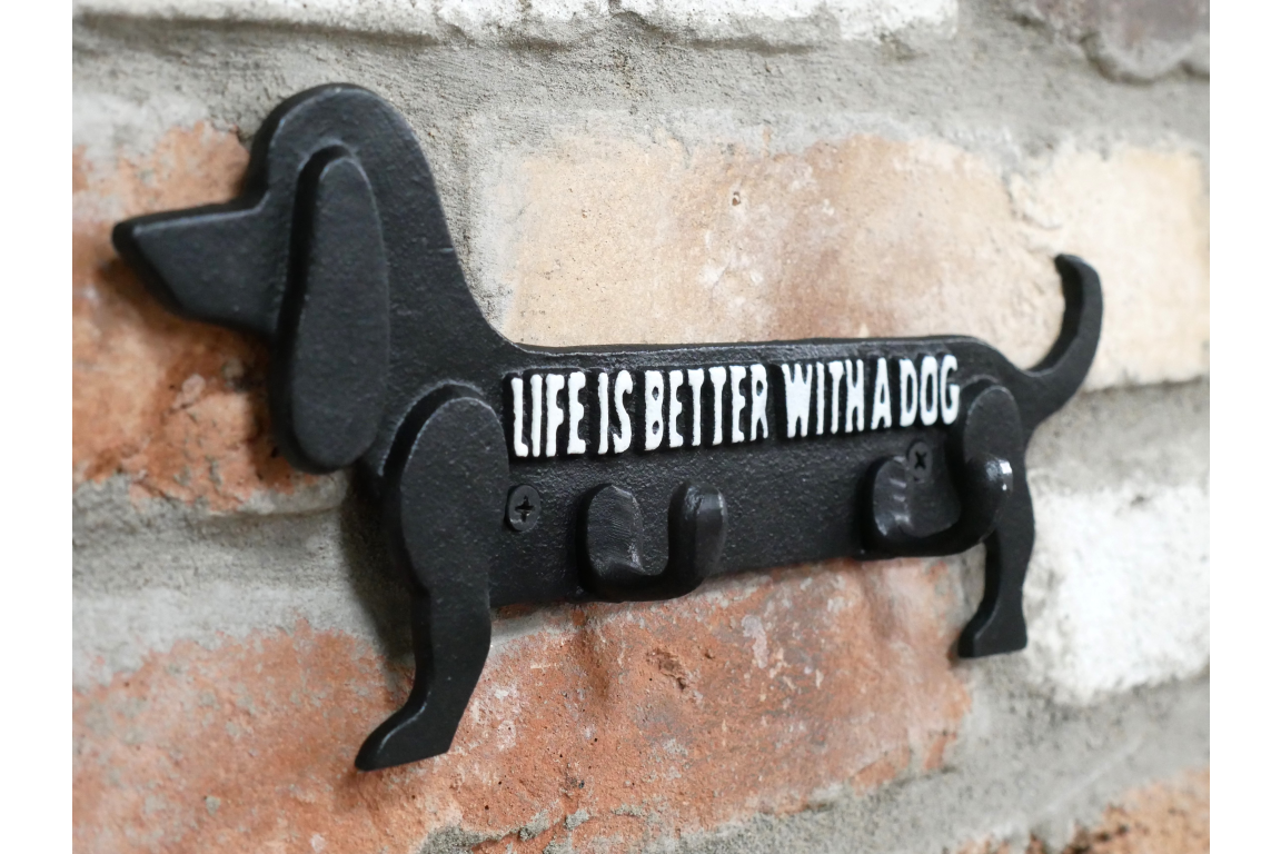 Cast Iron Sausage Dog Coat Hook – “Life Is Better With A Dog” | 2-Hook Wall Hanger for Coats, Hats & Leads - Image 2