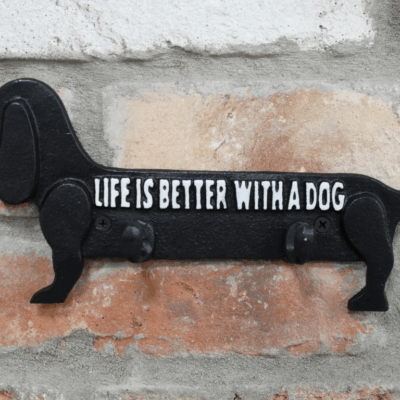 Cast Iron Sausage Dog Coat Hook – “Life Is Better With A Dog” | 2-Hook Wall Hanger for Coats, Hats & Leads