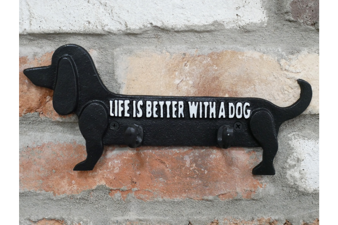 Cast Iron Sausage Dog Coat Hook – “Life Is Better With A Dog” | 2-Hook Wall Hanger for Coats, Hats & Leads